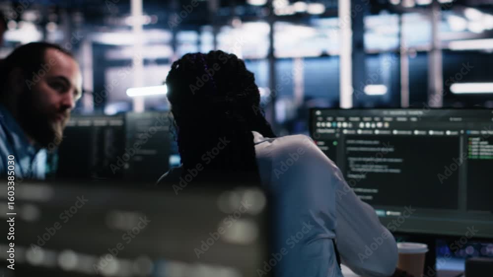 Poster data center admin teaching intern to monitor neural network using ai. it expert and african american