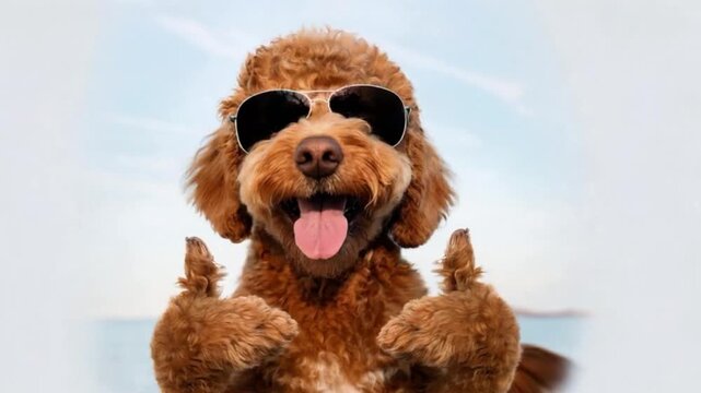 A charismatic golden brown doodle strikes a playful pose with two thumbs up, tongue out, and eyes full of joy; captured in a cinematic shot with dramatic lighting and vibrant energy