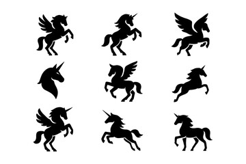 Fototapeta premium Silhouette unicorn and pegasus set: mythical creatures in dynamic poses