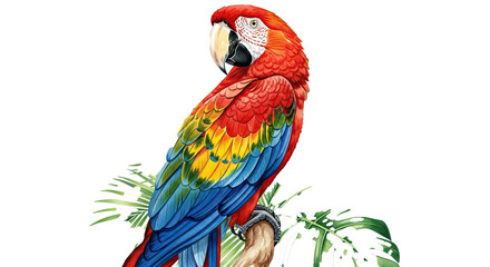 A vibrant scarlet macaw perched on a branch amidst tropical foliage against a black background scene