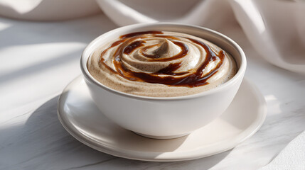 Caramel Swirl Dessert: A delicious treat in a white bowl, topped with a caramel swirl for added sweetness.