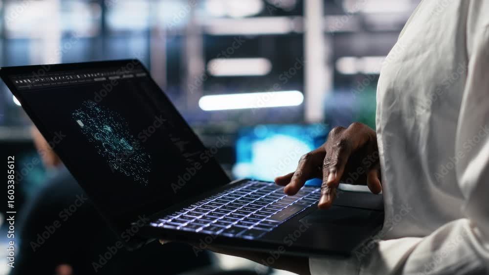 Poster close up of data center technician using tablet to monitor neural network ai llm visualization. work
