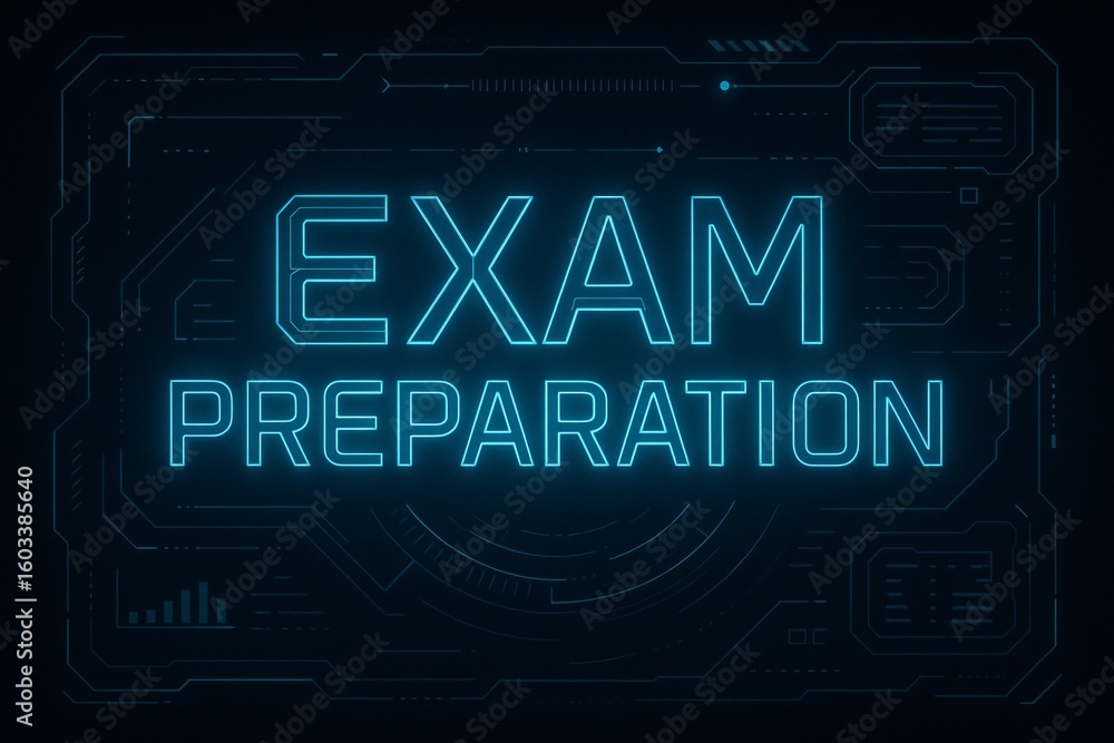 Poster neon tech exam preparation interface with futuristic digital design elements