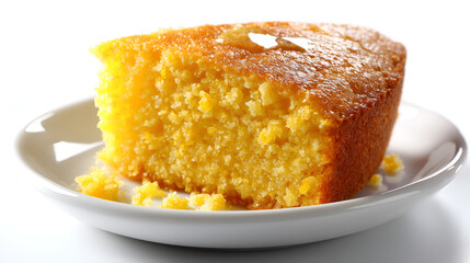 Golden Slice: Cornbread perfection, glistening with honey, sits enticingly on a crisp white plate.