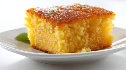Golden slice of cake on a white plate with a green leaf garnish, radiating warmth and deliciousness.