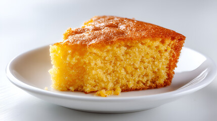 A slice of golden-brown cake with a tender crumb, presented on a sleek white plate, is ready to be enjoyed.