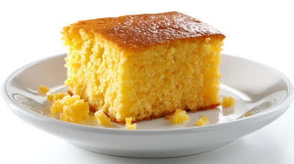 A delectable slice of golden cornbread sits on a simple white plate, ready to be enjoyed as a comfort food.