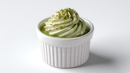 Elegant light green dessert in a decorative ramekin with crushed nut garnish on a clean white background.