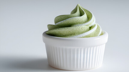 A delightful swirl of light green frozen dessert in a minimalist white ramekin, evoking simplicity and elegance.