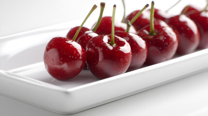 A cluster of glossy, ruby-red cherries glistening with water droplets, arranged neatly on a white rectangular plate.