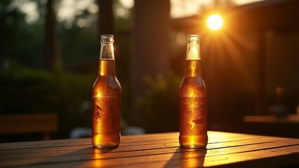 Two brown beer bottles sitting on top of a wooden table.