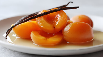 Apricots poached with vanilla beans, a simple fruit dessert with a rich and aromatic vanilla flavor.