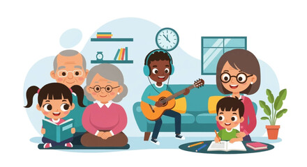 A heartwarming illustration of a multi-generational family enjoying quality time together, engaging in reading and music within their comfortable home environment.
