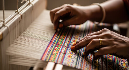 Close up of hands weaving a colorful textile on a loom with intricate patterns and textured threads