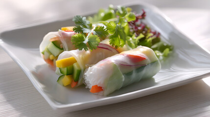 Fresh spring rolls with vibrant vegetables and herbs served on a plate with mixed greens.