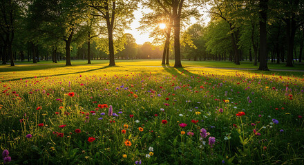 A sunny meadow with wildflowers and trees in a park at sunset creating long shadows on the grass