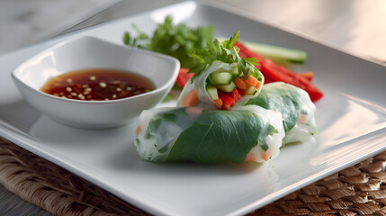 Fresh spring rolls with dipping sauce, a healthy and vibrant dish with colorful vegetables. Ready to eat!