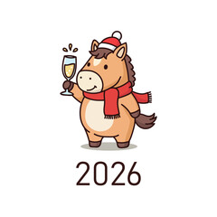A cute cartoon horse making a New Year's toast with a glass of champagne. Symbol of 2026, the Year of the Horse. Festive vector illustration for a holiday party invitation or a corporate celebration b