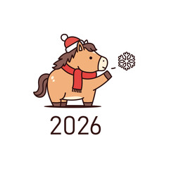 Cute horse character blowing a big magical snowflake. Symbol of winter holidays and the New Year 2026, the Year of the Horse. Adorable vector illustration for a seasonal greeting card or children's bo