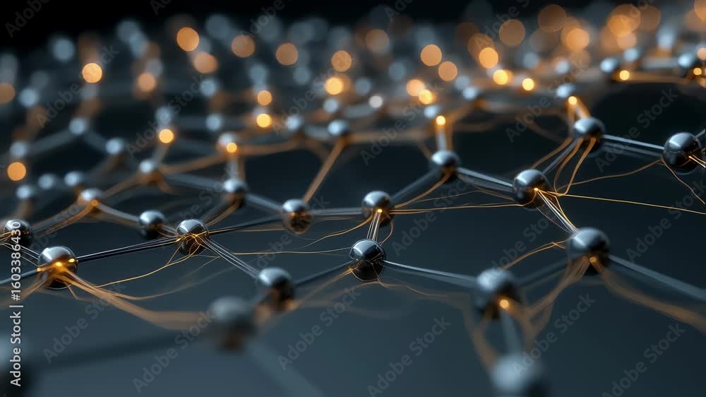 Poster metallic spheres interconnected by golden filaments create a network, symbolizing data exchange and 