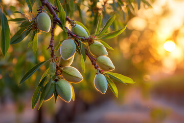 Green-shelled almonds hanging from a vine during a shimmering sunset