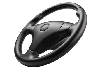 A black steering wheel with a logo on it