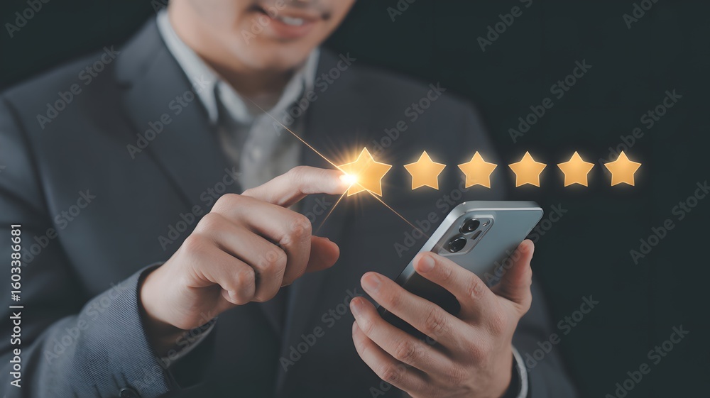 Poster smiling businessman using smartphone to give high star rating on digital interface for customer expe