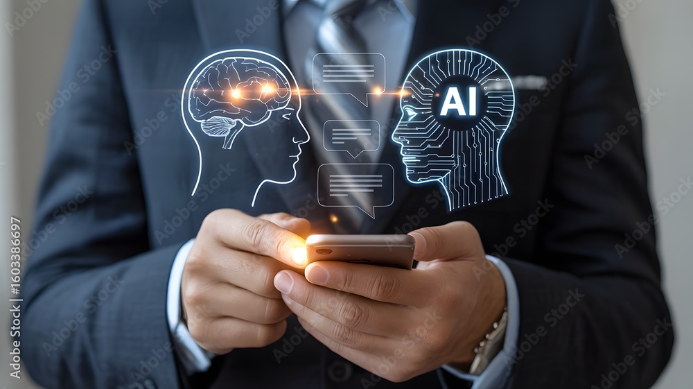 Poster businessman using smartphone with artificial intelligence and human brain holograms representing ai 