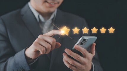 Smiling Businessman Using Smartphone To Give High Star Rating On Digital Interface For Customer Experience And Online Service Feedback