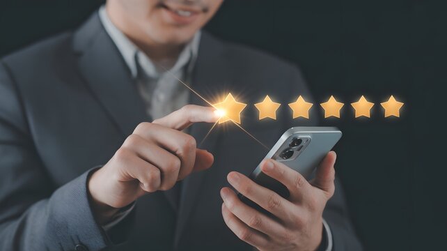 Smiling Businessman Using Smartphone To Give High Star Rating On Digital Interface For Customer Experience And Online Service Feedback