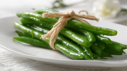 A bunch of freshly picked green beans tied with twine, resting on a white plate. Ready to eat raw.