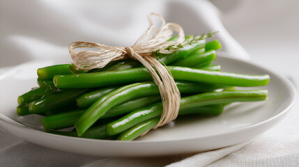 Bundle of green beans tied with raffia, on a white plate, simple presentation, fresh produce.