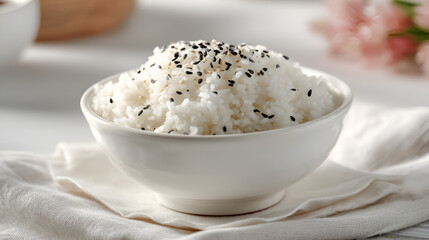 Bowl of fluffy white rice with sesame seeds served on linen cloth for a simple, wholesome meal.
