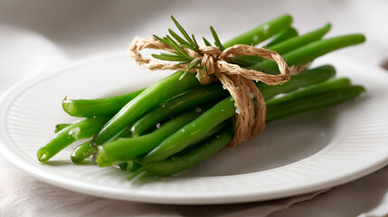Bundle of fresh green beans tied with twine and a sprig of rosemary on a white plate, ready to be served.