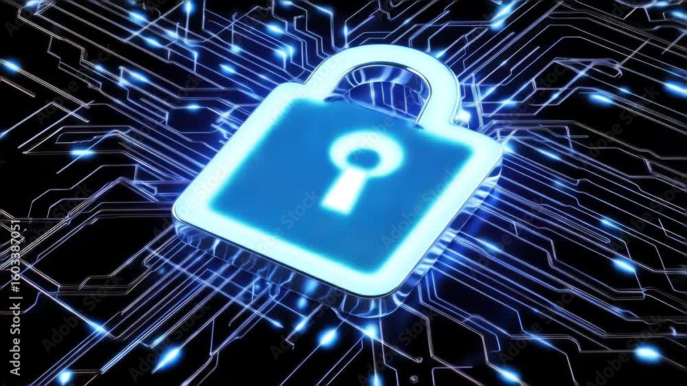 Poster glowing blue padlock symbol on digital circuit board symbolizing cyber security and data protection 