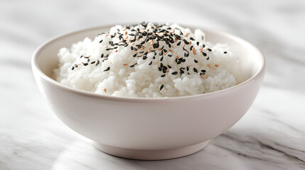 Bowl of fluffy rice with sesame seeds, a comforting and nutritious staple food, Asian cuisine element.