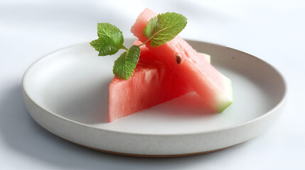 Refreshing watermelon slices garnished with fresh mint leaves on a clean, neutral plate. Summer treat.