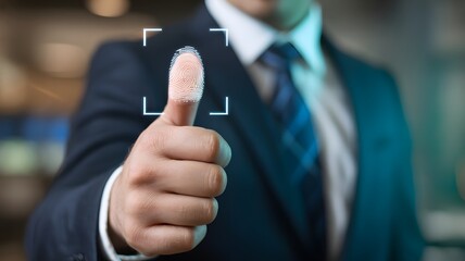 Businessman Showing Thumb With Biometric Fingerprint Scan Technology Representing Digital Security Authentication Identity Verification And Access

