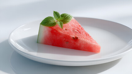 Watermelon slice on white plate with mint garnish. Healthy and refreshing summer fruit dessert treat.