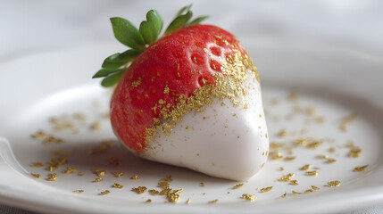 Gourmet Dessert: White Chocolate Dipped Strawberry with edible Gold Flakes on a plain white plate