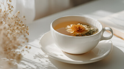 Floral Tea: A serene moment with a cup of herbal tea featuring a blooming flower, simple and peaceful.