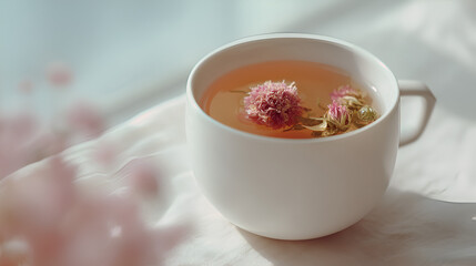Floral Infusion: A white cup filled with herbal tea and pink flowers, bathed in sunlight, peaceful moment.