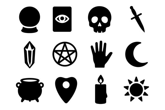 Mystical symbols silhouettes: skulls, daggers, and celestial icons for halloween decor