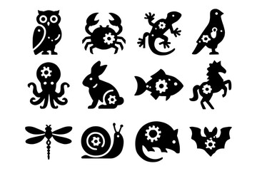 Fototapeta premium Mechanical animal icons: steampunk silhouette gadget creatures collection