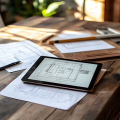 Fototapeta premium Wooden table setup with digital tablet showing blueprint application, next to printed design drafts and structural specs