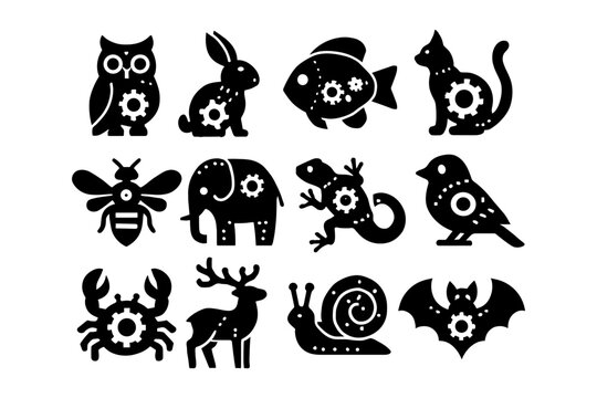 Clockwork silhouette animals featuring mechanical gear elements in black and white