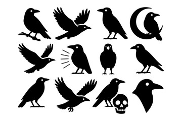 Obraz premium Silhouette collection of crows and ravens with moon and skull elements