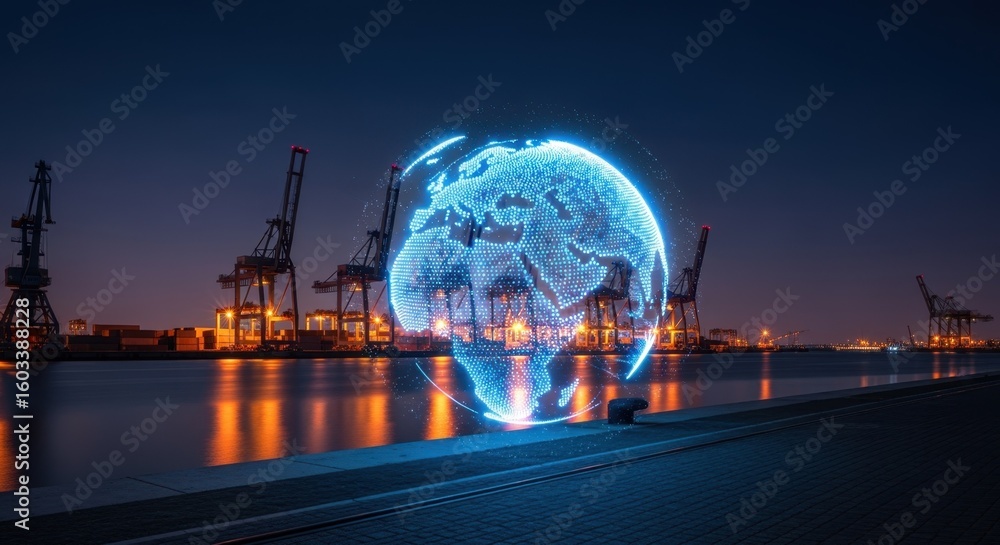 Aufkleber technological globalization representation using bright virtual earth overlay on quiet harbor cranes