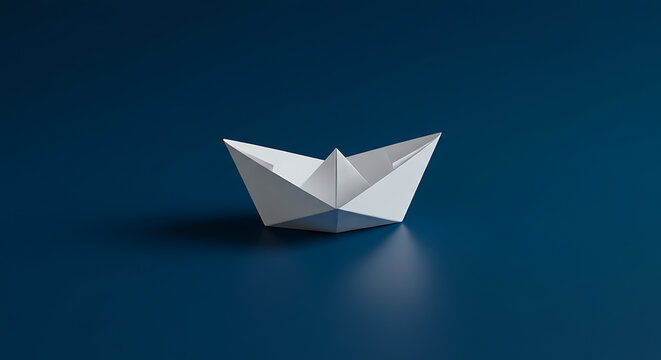 Paper boat on blue background, minimal and metaphorical composition