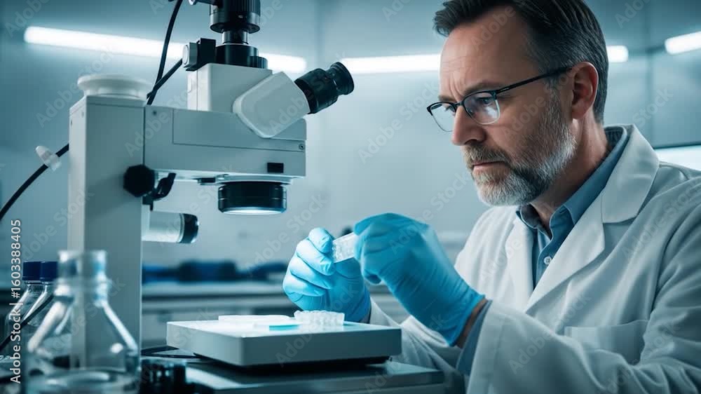 Aufkleber focused scientist examining samples under microscope in lab